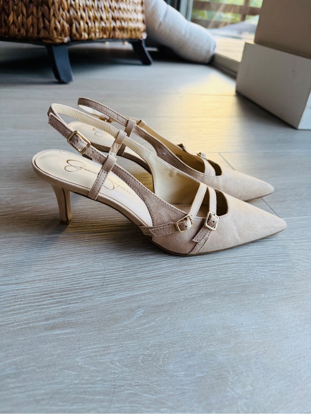 Jessica Simpson Neutral Beige Pointed Slingback Heels with Buckles - Picture 8 of 8